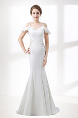 A-Line White Satin Short Sleeve Off the Shoulder Corset Prom Dresses outfit, Evening Dresses And Gowns