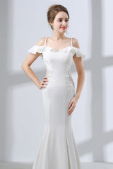 A-Line White Satin Short Sleeve Off the Shoulder Corset Prom Dresses outfit, Evening Dresses Designer