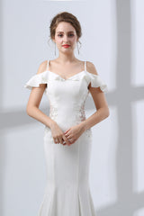 A-Line White Satin Short Sleeve Off the Shoulder Corset Prom Dresses outfit, Evening Dress Designers