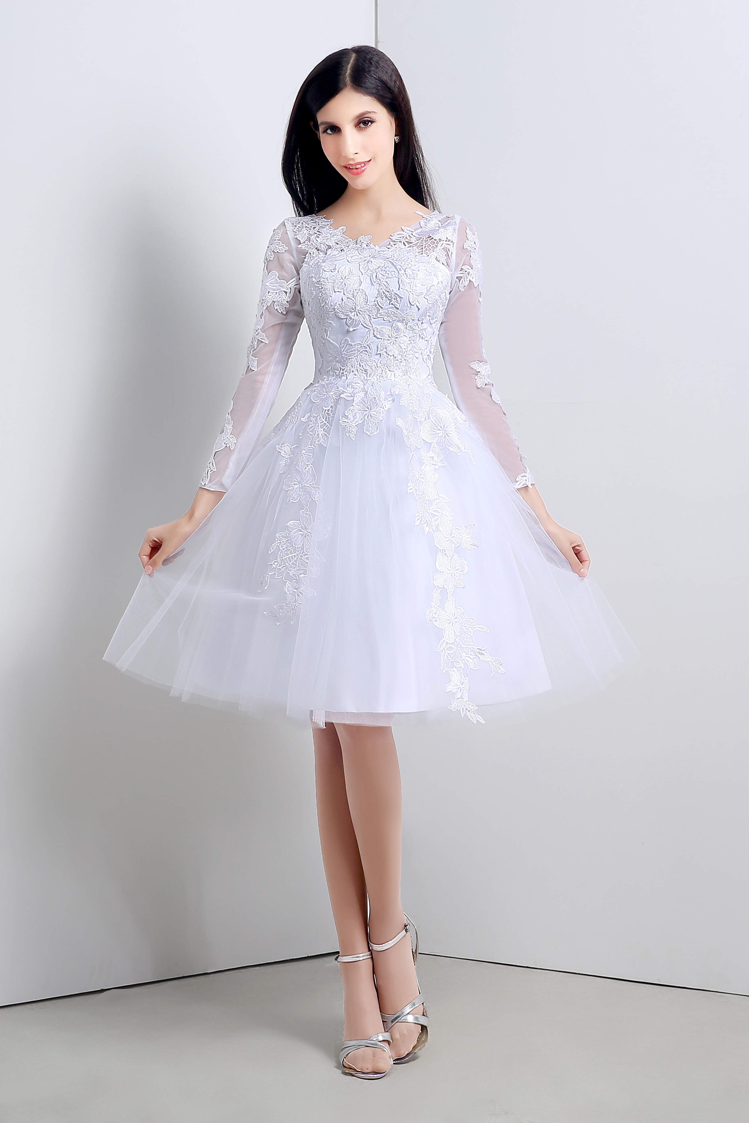 A-Line White Tulle Appliques Long Sleeve Corset Homecoming Dresses outfit, Party Fitness