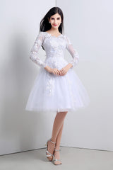 A-Line White Tulle Appliques Long Sleeve Corset Homecoming Dresses outfit, Evening Dress Long
