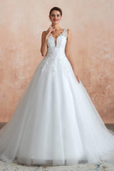 A-line with Sequined Appliques Tulle Illusion Back Corset Wedding Dresses outfit, Wedding Dresses Lace Sleeves