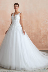 A-line with Sequined Appliques Tulle Illusion Back Corset Wedding Dresses outfit, Wedding Dress Lace Sleeve