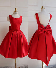 Cute A Line Satin Short Corset Prom Dress, With Bow Evenig Dress outfit, Formal Dress For Wedding Guest