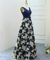 Stylish Dark Blue A Line V Neck Long Corset Prom Dress, Dark Blue Evening Dress outfit, Prom Dress For Teens