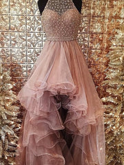 2024 Glamorous Pink Beading Layers Asymmetrical Tulle Corset Prom Dresses outfit, Formal Dress Ideas