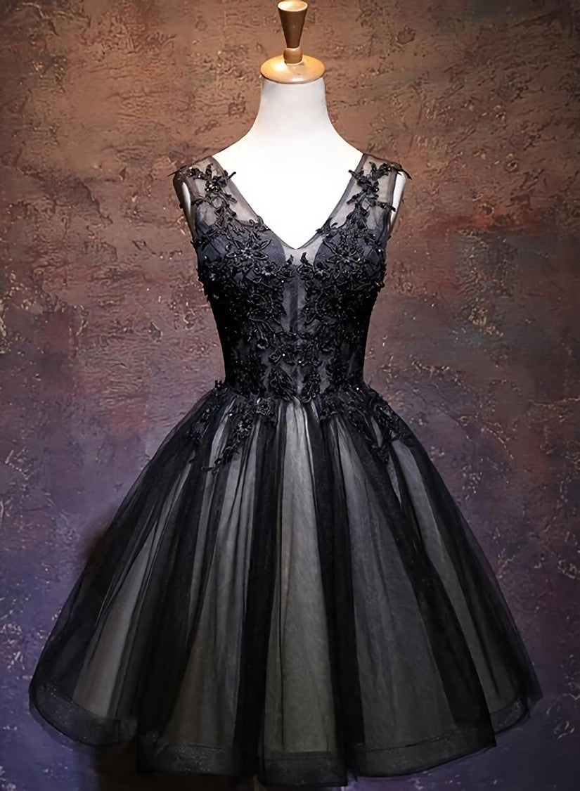 Adorable Black V-neckline Lace and Tulle Party Dress, Short Corset Prom Dress outfits, Evening Dresses For Wedding