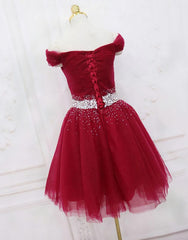 Adorable Dark Red Corset Homecoming Dress , Tulle Off the Shoulder Party Dress Outfits, Homecomming Dresses Lace
