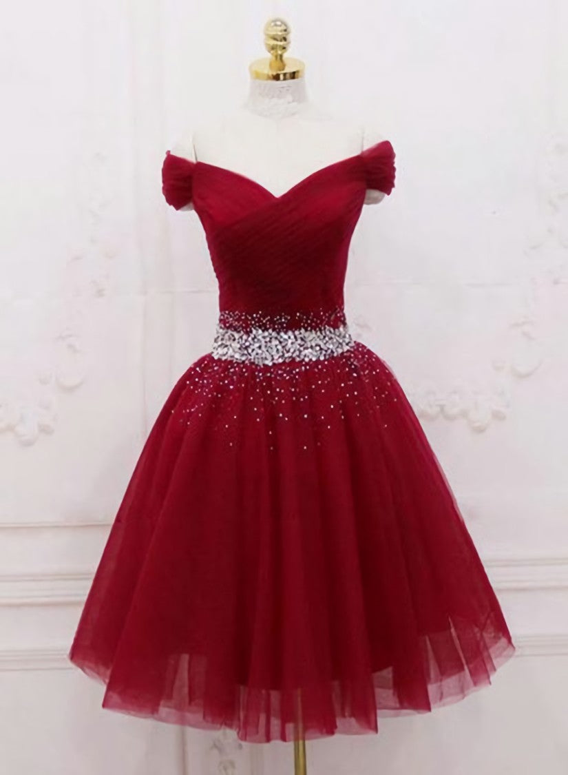 Adorable Dark Red Corset Homecoming Dress , Tulle Off the Shoulder Party Dress Outfits, Homecoming Dress Lace