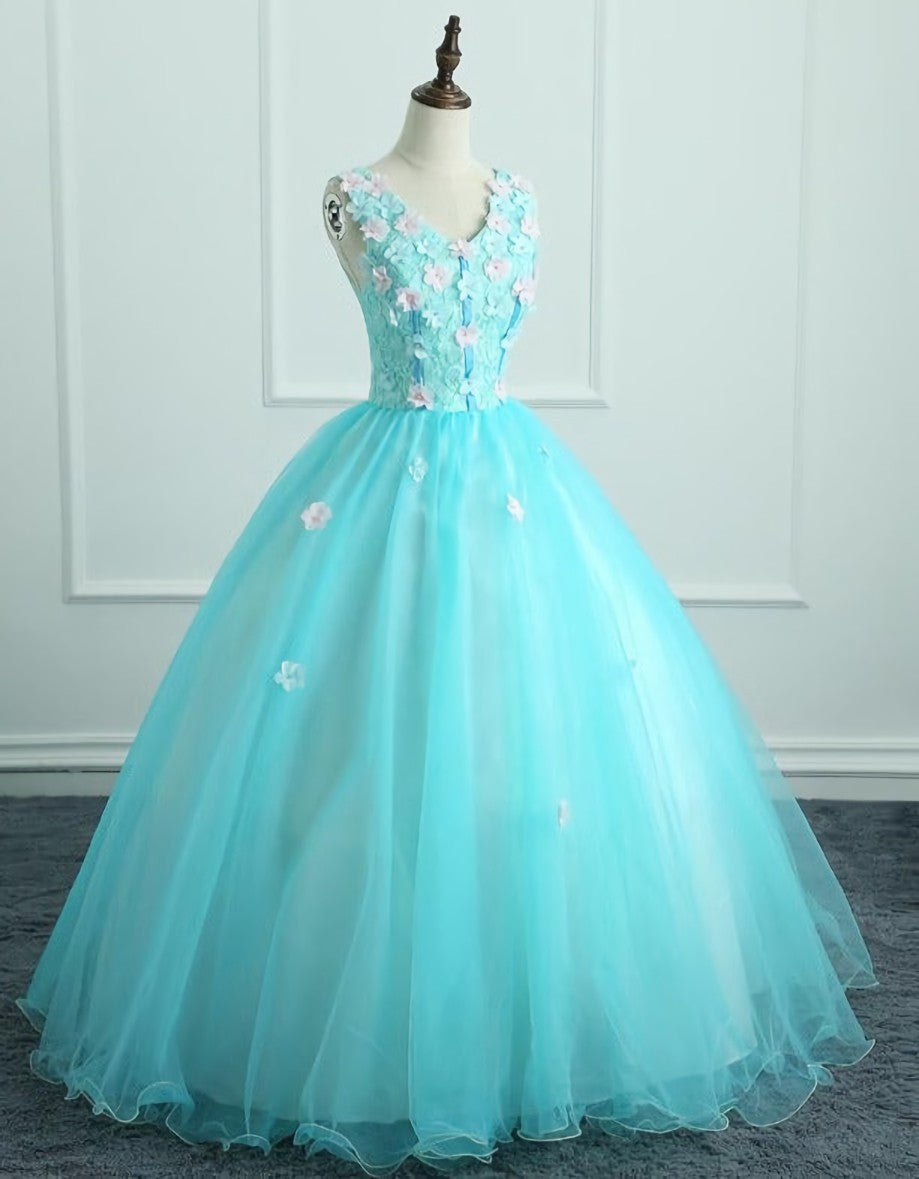 Adorable Light Blue Tulle with Flowers Floor Length Corset Ball Gown Corset Formal Dress, Blue Sweet 16 Dresses outfit, Prom Dresses 2030 Black Girl