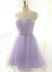 Adorable Light Purple Round Neckline Beaded Short Corset Prom Dress, Cute Corset Homecoming Dress outfit, Boho Wedding Dress