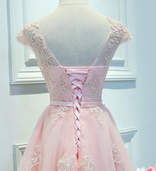 Adorable Pink Knee Length Party Dress, Lace Applique Cute Corset Homecoming Dress outfit, Elegant Dress Classy
