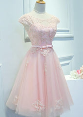 Adorable Pink Knee Length Party Dress, Lace Applique Cute Corset Homecoming Dress outfit, Dinner Outfit
