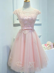 Adorable Pink Knee Length Party Dress, Lace Applique Cute Corset Homecoming Dress outfit, Party Dresses And Jumpsuits