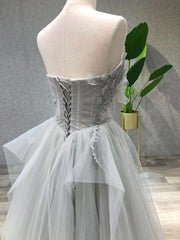 Aline Tea Length Gray Corset Prom Dress, Gray Tulle Corset Homecoming Dress outfit, Backless Prom Dress