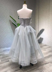 Aline Tea Length Gray Corset Prom Dress, Gray Tulle Corset Homecoming Dress outfit, Long Dress Formal