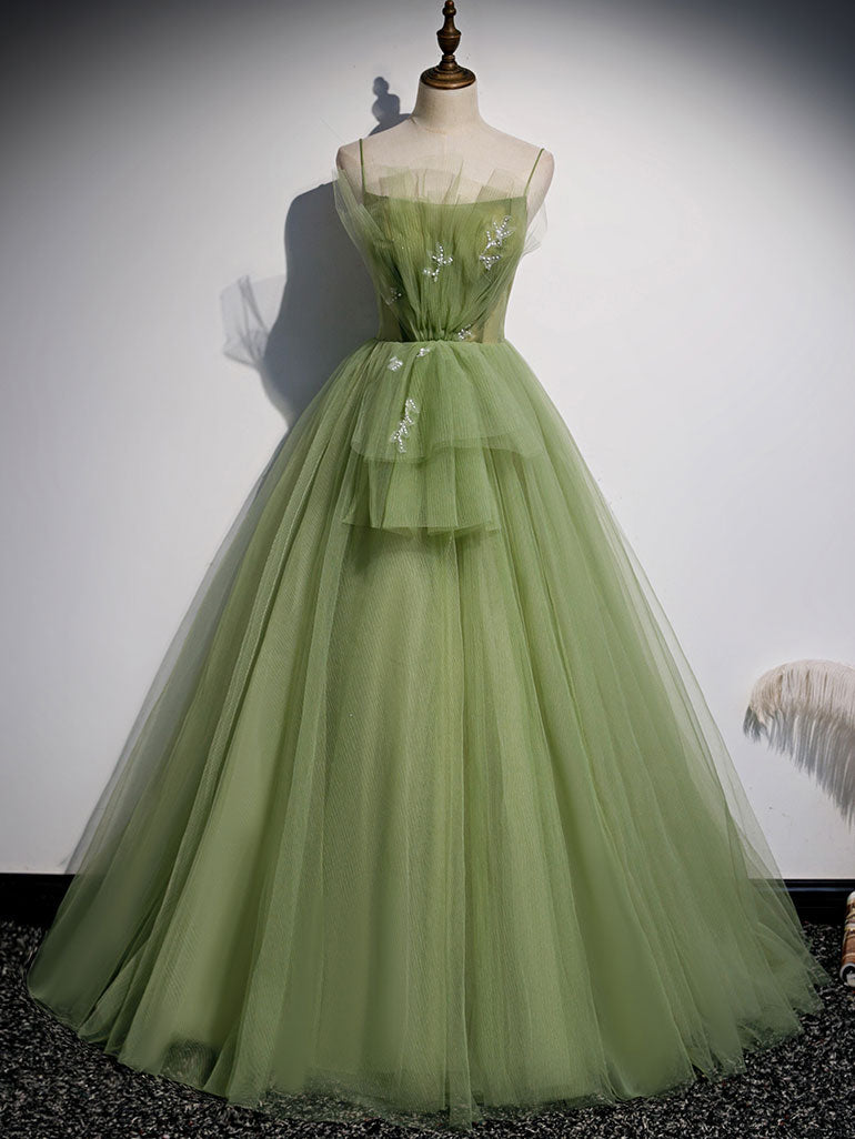Aline Tulle Green Long Corset Prom Dresses, Green Corset Formal Graduation Dress with Beading outfit, Evening Dresses Wholesale