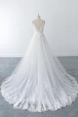 Amazing Long A-line V-neck Ruffle Appliques Tulle Corset Wedding Dress outfit, Wedding Dresses Lace Sleeve