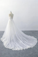 Amazing Long A-line V-neck Ruffle Appliques Tulle Corset Wedding Dress outfit, Wedding Dress Fabrics