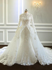 Amazing Long Mermaid High Neck Tulle Lace Corset Wedding Dresses with Sleeves Gowns, Wedding Dress 