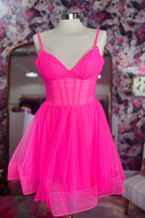 Hot Pink V Neck Straps Tulle Corset Homecoming Dress outfit, Chiffon Dress