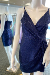 Navy Blue Sequins V-Neck Mini Corset Homecoming Dress outfit, Prom Dresse 2042