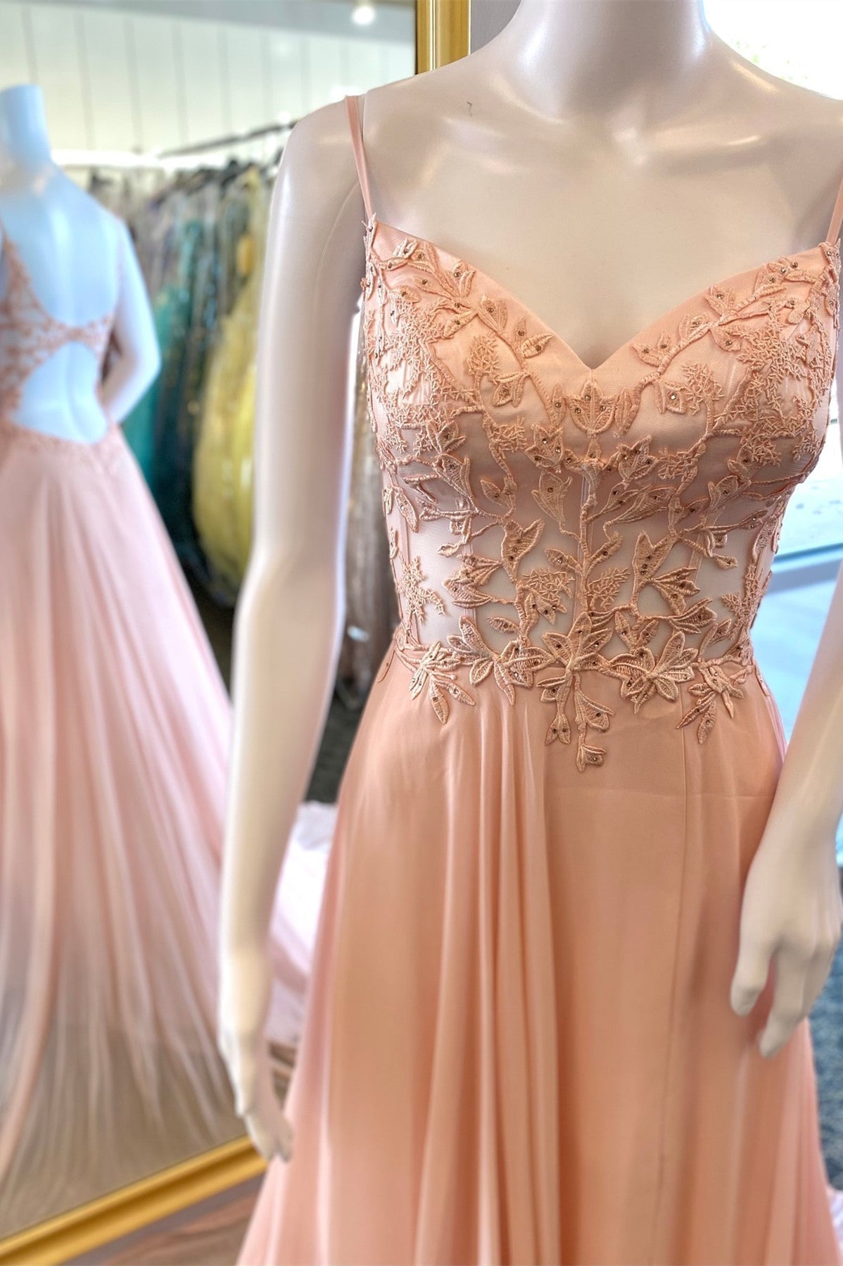 Simple Pink A-line Lace Appliques Chiffon Long Corset Prom Dress outfits, Black Tie Dress