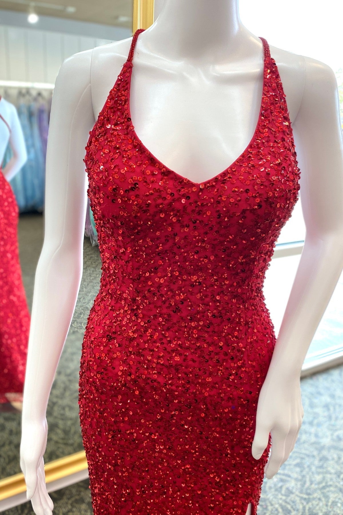Red Sequins Mermaid Crossed Back Long Corset Prom Dress with Slit Gowns, Slip Dress
