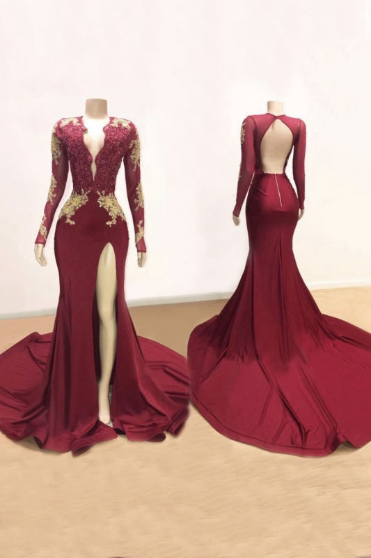 Awesome V-neck Long Sleeve High Slit Mermaid Corset Prom Dress outfits, Party Dress Code