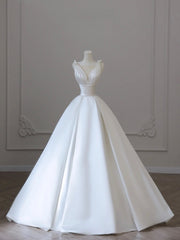 White V-Neck Satin Long Corset Formal Dress, Elegant A-Line Corset Wedding Party Dress Outfits, Wedding Dress With Pockets