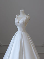 White V-Neck Satin Long Corset Formal Dress, Elegant A-Line Corset Wedding Party Dress Outfits, Wedding Dress Ball Gowns