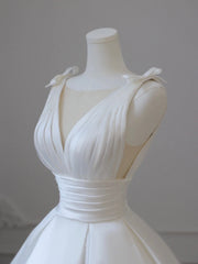 White V-Neck Satin Long Corset Formal Dress, Elegant A-Line Corset Wedding Party Dress Outfits, Wedding Dress With Pocket