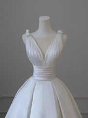 White V-Neck Satin Long Corset Formal Dress, Elegant A-Line Corset Wedding Party Dress Outfits, Wedding Dresses With Pocket