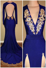 royal blue long sleeve Corset Prom dresses gold beads mermaid evening dress with slit Gowns, Party Dress Idea