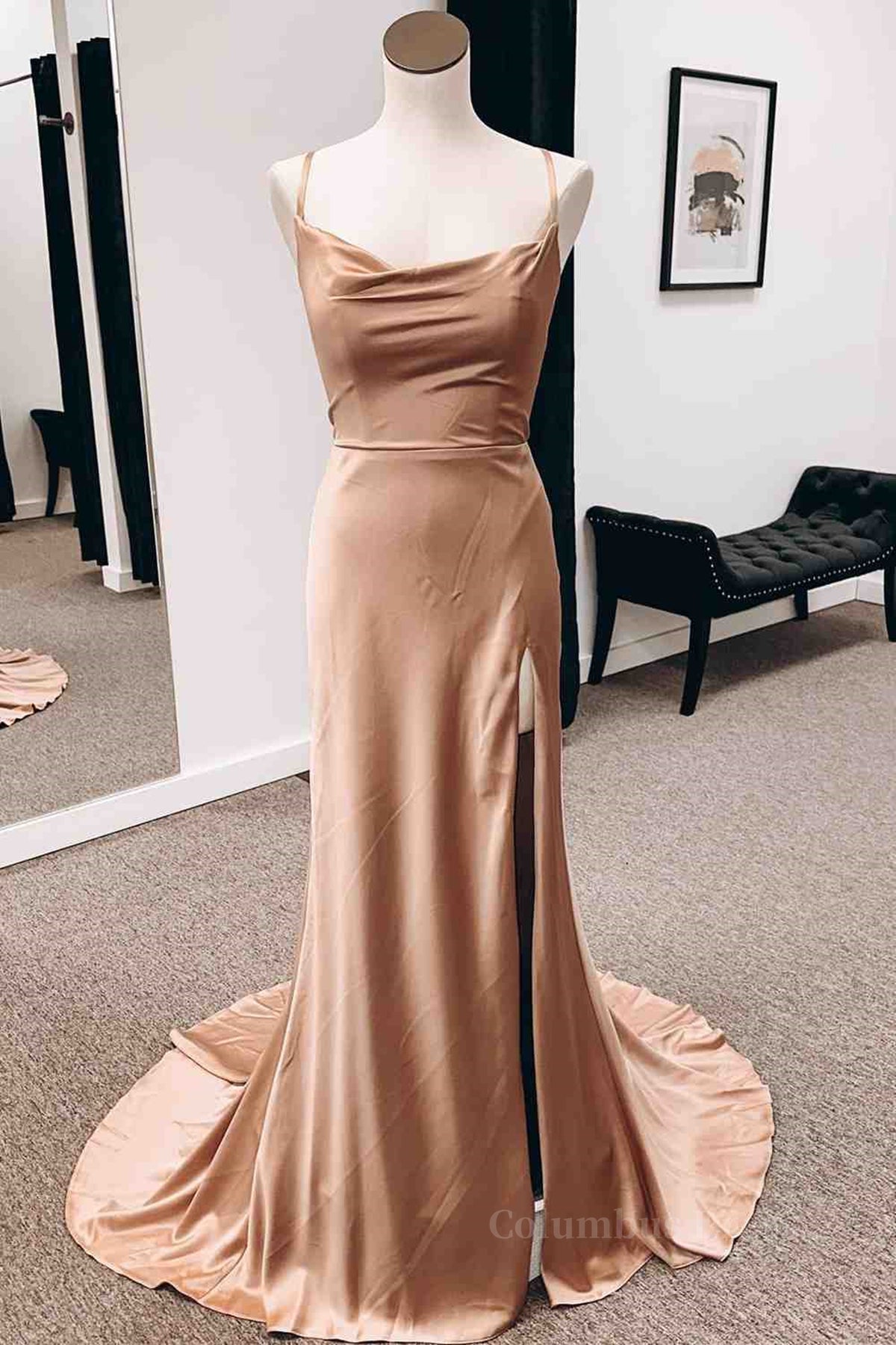 Backless Champagne Long Corset Prom Dress with High Slit, Long Champagne Corset Formal Graduation Evening Dress outfit, Bridesmaid Dresses Black