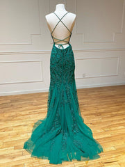 Backless Green Lace Mermaid Corset Prom Dresses, Open Back Mermaid Lace Corset Formal Evening Dresses outfit, Formal Dress Fashion