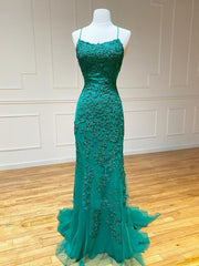 Backless Green Lace Mermaid Corset Prom Dresses, Open Back Mermaid Lace Corset Formal Evening Dresses outfit, Formal Dress Gowns