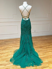Backless Green Mermaid Lace Corset Prom Dresses, Open Back Green Lace Mermaid Corset Formal Evening Dresses outfit, Formal Dress Idea