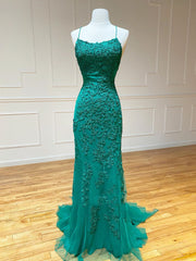 Backless Green Mermaid Lace Corset Prom Dresses, Open Back Green Lace Mermaid Corset Formal Evening Dresses outfit, Formal Dress Ideas