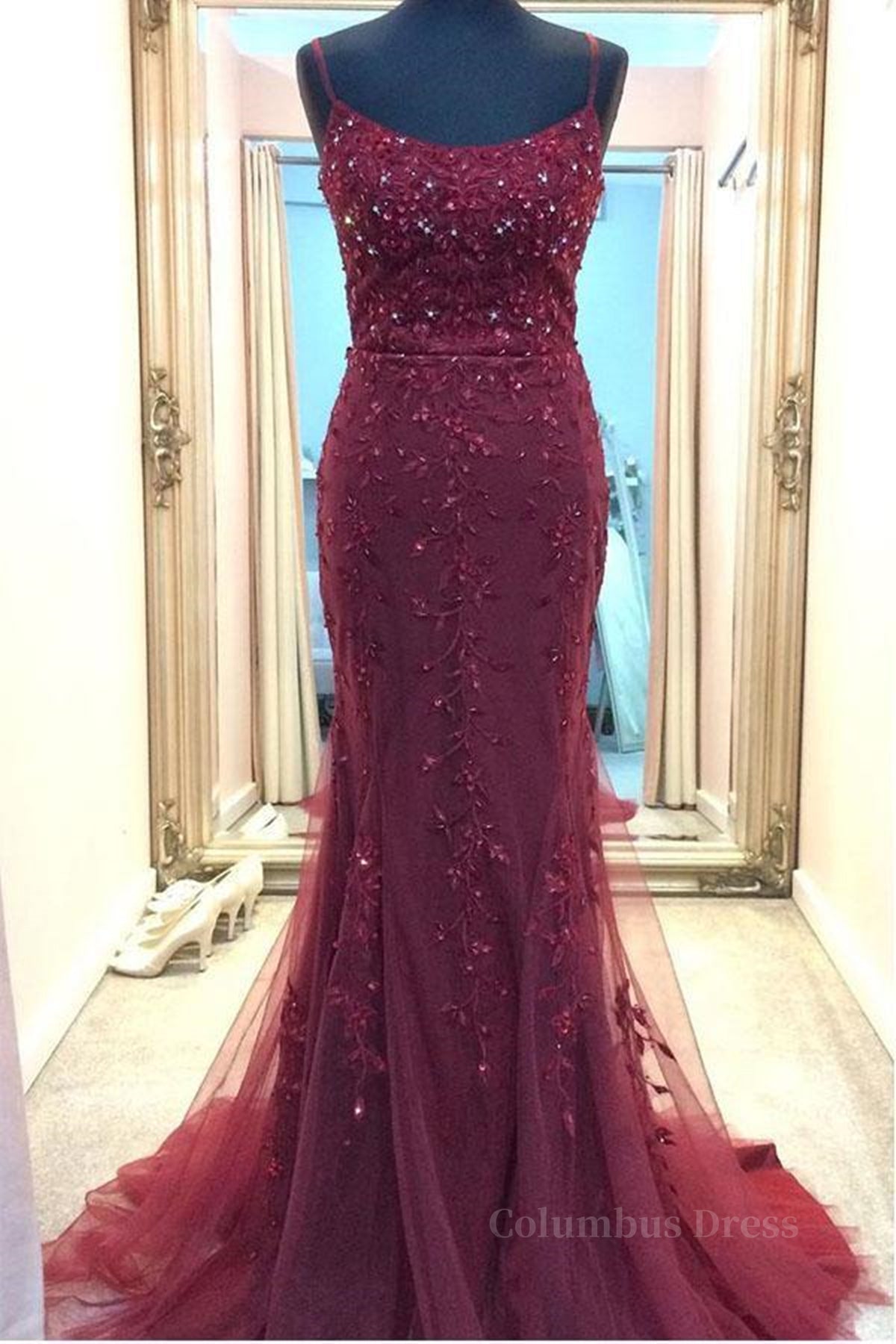 Backless Mermaid Beaded Maroon Lace Long Corset Prom Dresses, Backless Burgundy Lace Corset Formal Dresses, Burgundy Tulle Evening Dresses outfit, Formal Dresses For Winter