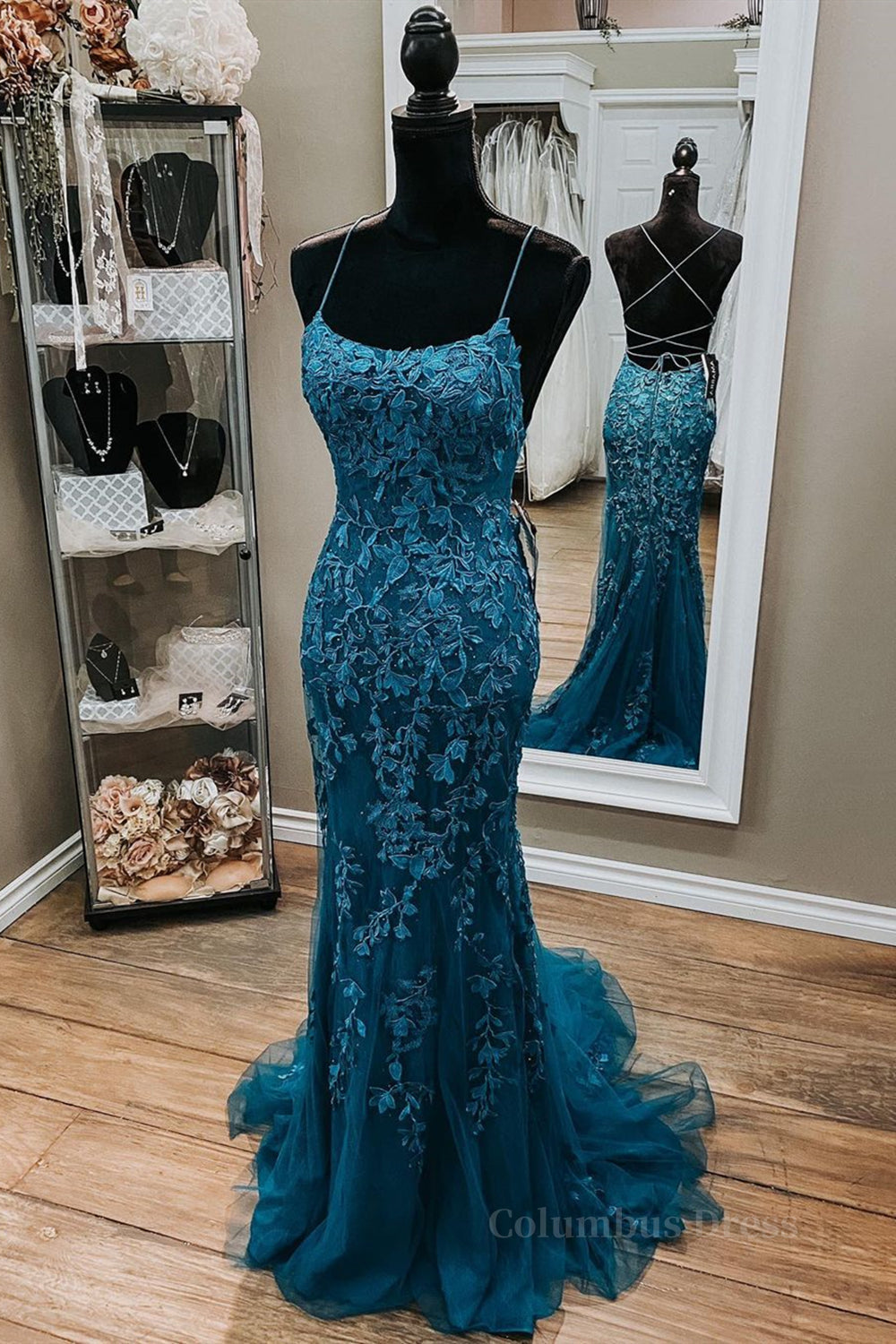 Backless Mermaid Dark Teal Lace Long Corset Prom Dress, Mermaid Teal Lace Long Corset Formal Evening Dress outfit, Evening Dresses Wedding