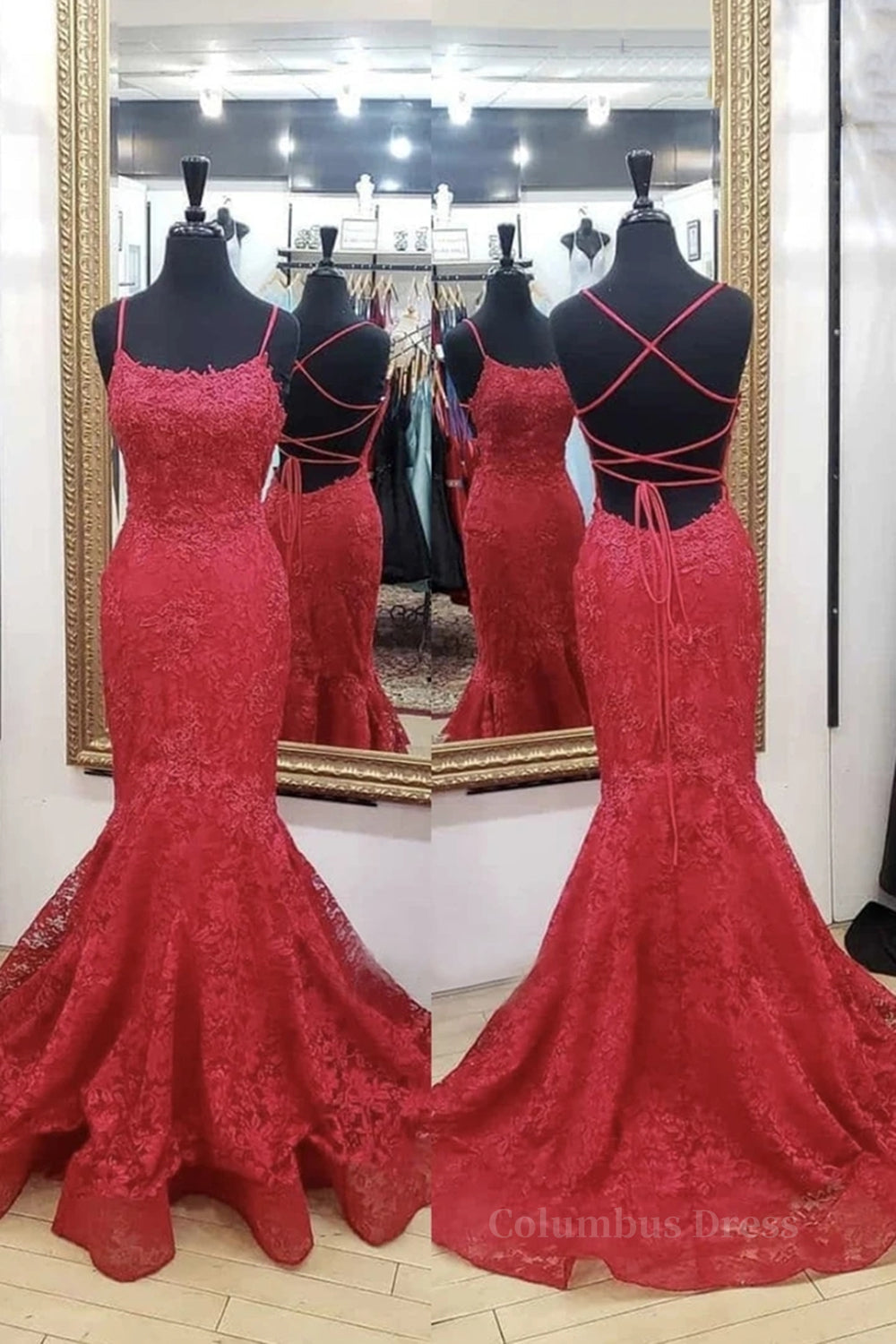 Backless Mermaid Red Lace Long Corset Prom Dress, Mermaid Red Lace Corset Formal Dress, Red Lace Evening Dress outfit, Evening Dresses Classy