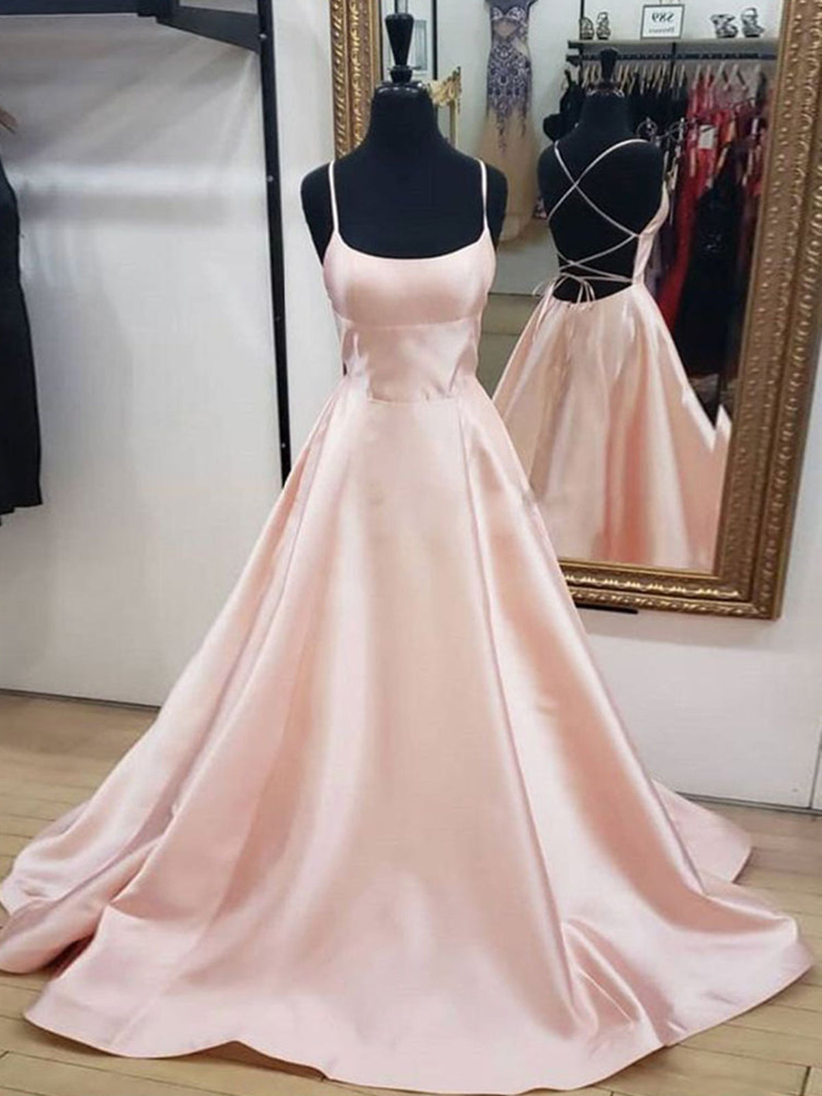 Backless Pink Satin Long Corset Prom Dresses, Open Back Pink Satin Corset Formal Graduation Dresses outfit, Short Formal Dress
