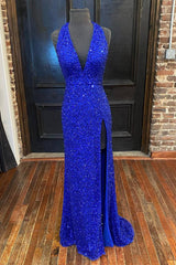 Backless Royal Blue Sequin Corset Prom Gown with Slit,Corset Formal Dress with Sequins Gowns, Winter Formal Dress