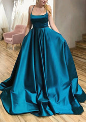Ball Gown A-line Square Neckline Spaghetti Straps Sweep Train Satin Corset Prom Dress With Pleated Pockets Gowns, Formal Dress For Sale