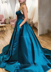 Ball Gown A-line Square Neckline Spaghetti Straps Sweep Train Satin Corset Prom Dress With Pleated Pockets Gowns, Formal Dresses Gown