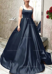 Ball Gown A-line Square Neckline Spaghetti Straps Sweep Train Satin Corset Prom Dress With Pleated Pockets Gowns, Formal Dress Gowns