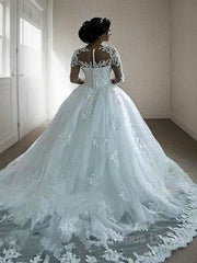Ball Gown Bateau Court Train Tulle Corset Wedding Dresses With Appliques Lace outfit, Wedding Dress Strap