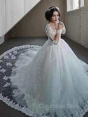 Ball Gown Bateau Court Train Tulle Corset Wedding Dresses With Appliques Lace outfit, Wedding Dresses Straps