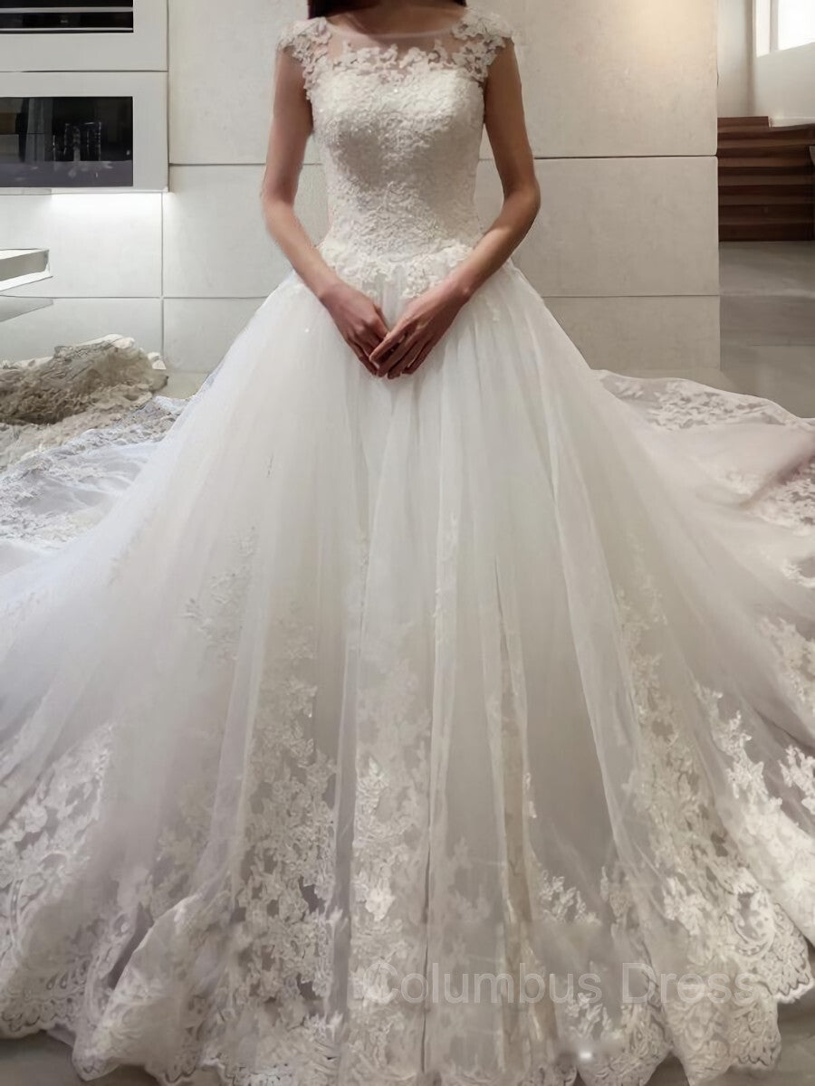 Ball Gown Bateau Court Train Tulle Corset Wedding Dresses With Appliques Lace outfit, Wedding Dress Sleeves Lace